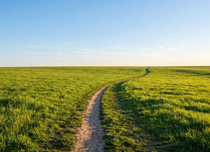 Un camino de tierra atraviesa un prado verde hasta el horizonte.